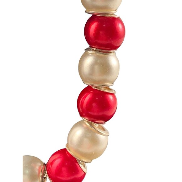 Silver Tone, Red And White Beaded Snake Chain Bracelet (5464) - Picture 2 of 4